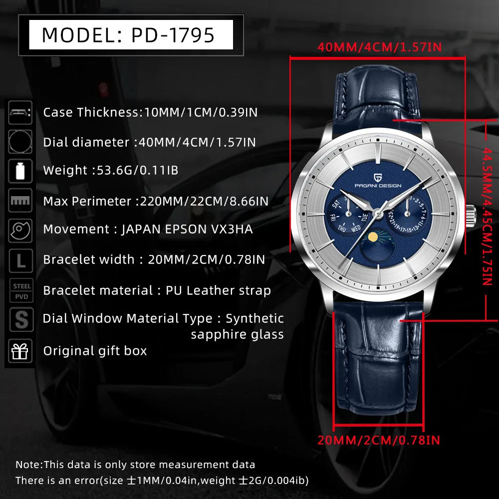 2025 PAGANI DESIGN New 40MM Multifunctional Men Quartz Watches 100M Waterproof Top Brand Sapphire Glass Moonphase Watch for Men