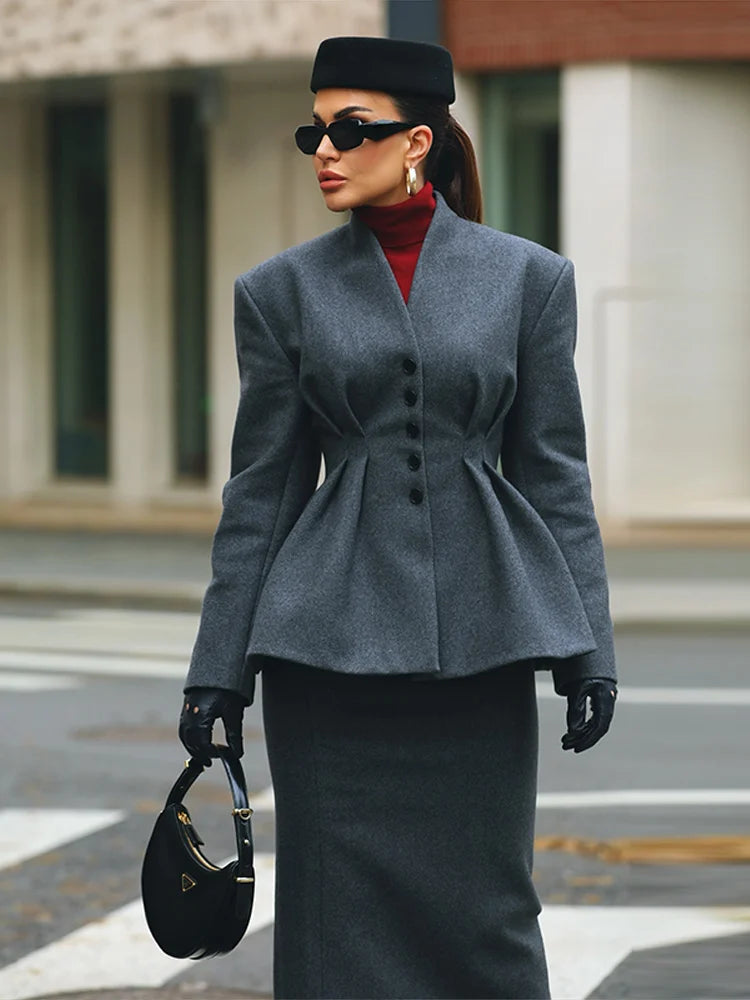 Elegant Solid Blazer Coat for Women Fashion Single Breasted V Neck Slim Jackets 2025 Spring Lady All-match Casual Tops Outwear