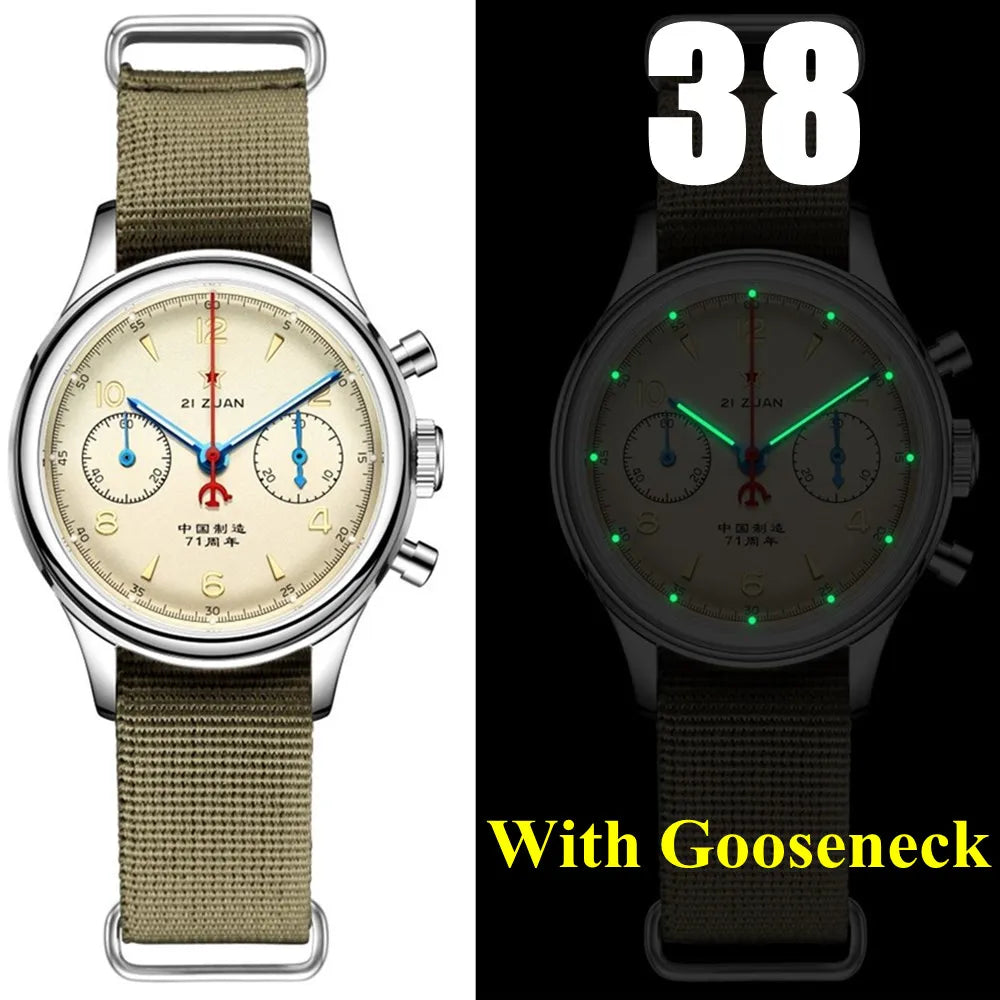 Red Star 1963 Chronograph 38mm Men's Mechanical Pilot with Seagull ST1901 Movement Watch Air Force Aviation 40mm Stop WristWatch