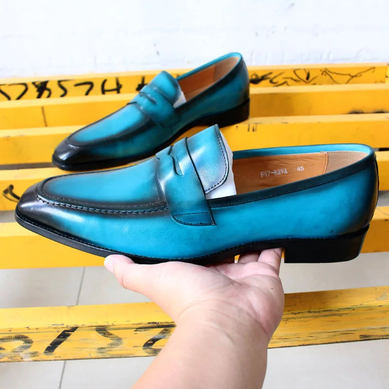 Size 39-46 Handmade Mens Penny Loafers Genuine Leather Light Blue Men Dress Shoes Wedding Party Slip On Shoes Italian Fashion