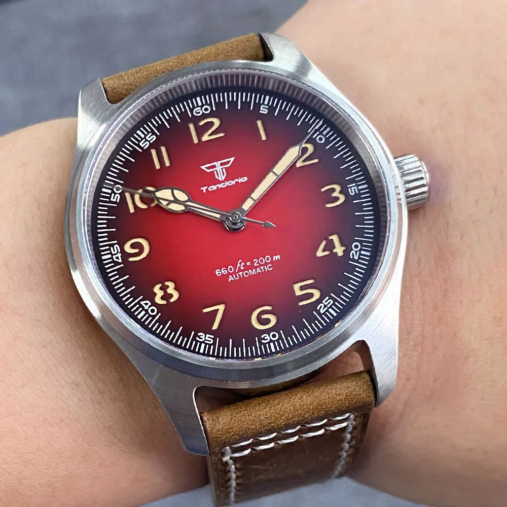 Tandorio Dive Khaki Field Series Pilot Mechanical Watches for Men 200M Waterproof Polish Bezel NH35AA Movt Beige Snake Hand