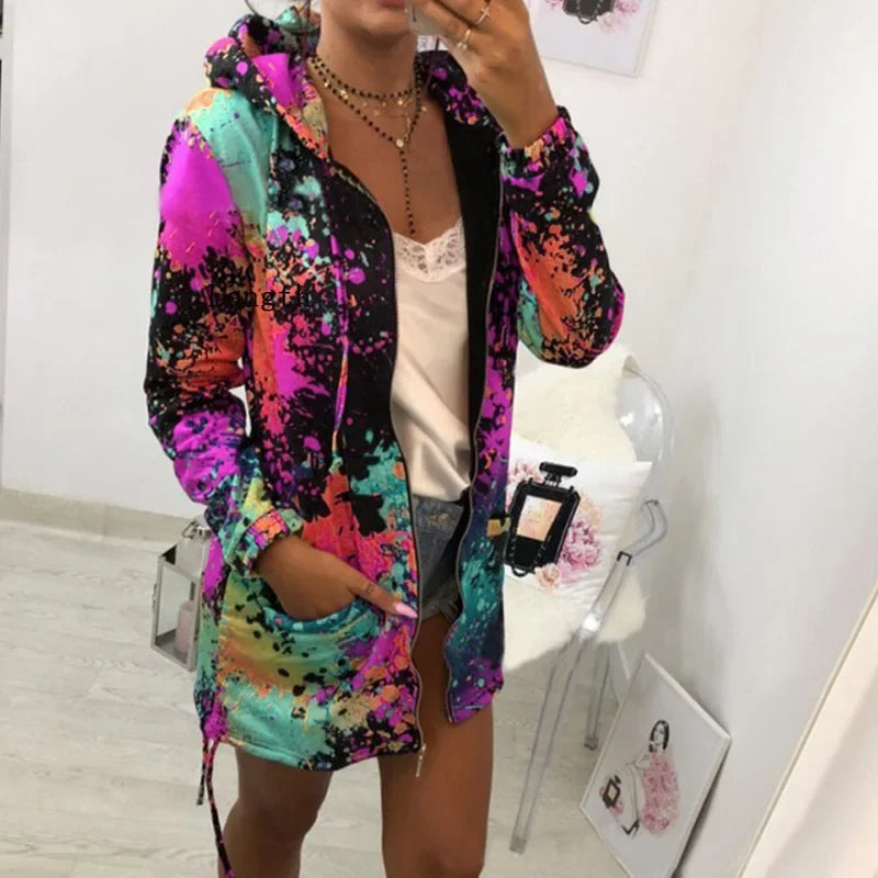 Black Jackets Women Outerwear Coats 2025 Jackets Female Fashion Tie Dyeing Print Outwear Sweatshirt Hooded Zopper Coat Harajuku