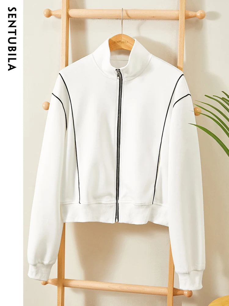 SENTUBILA Casual White Jacket Women Outerwear 2025 Spring Fashion Loose Stand Collar Full Zip Outdoor Short Coats 131W45929