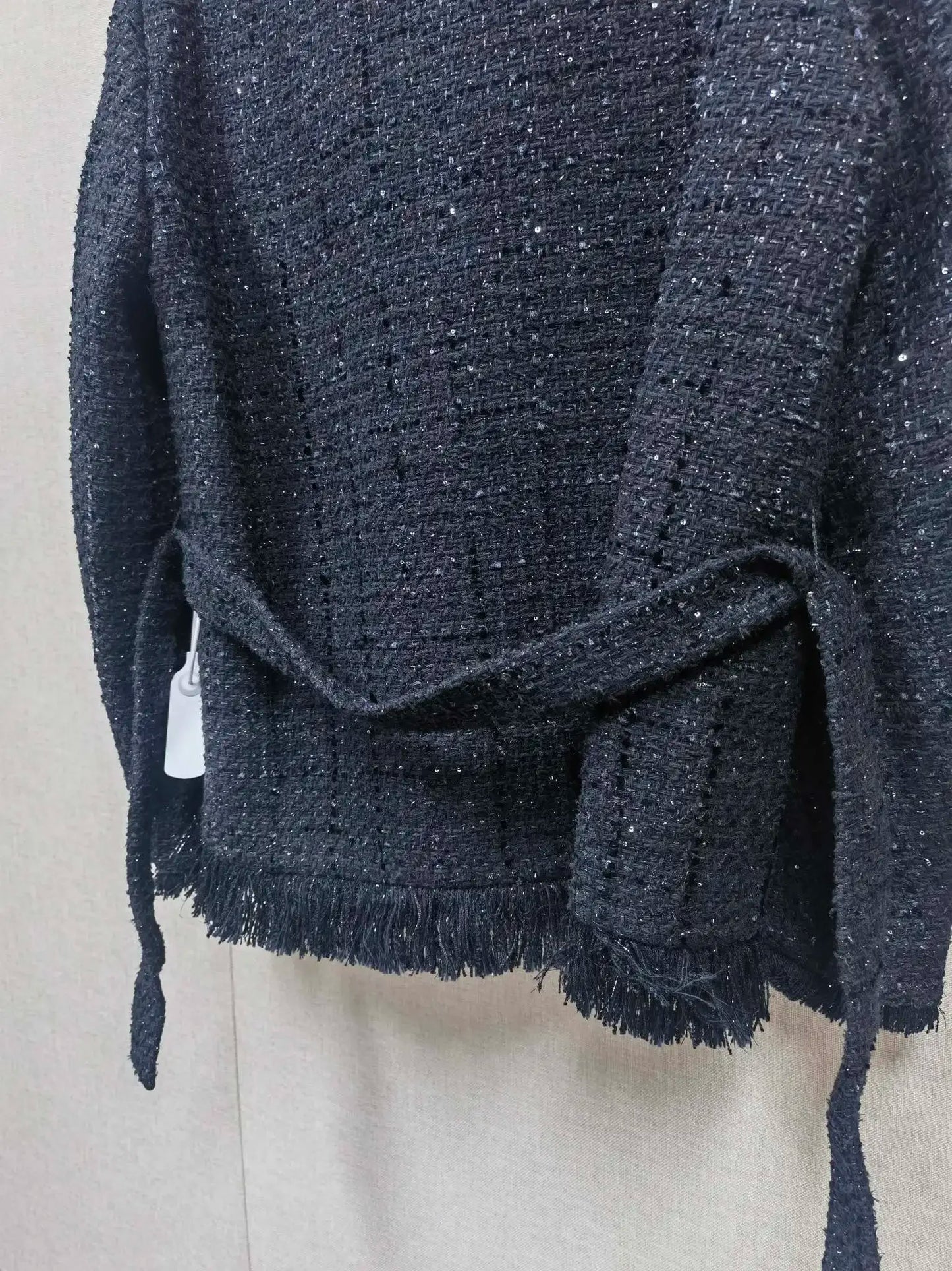 Autumn Winter Women Shiny Silk Tweed Coat Tassel Trim Lace-Up Cinching Jacket Top or Wide Leg Pants with Sashes