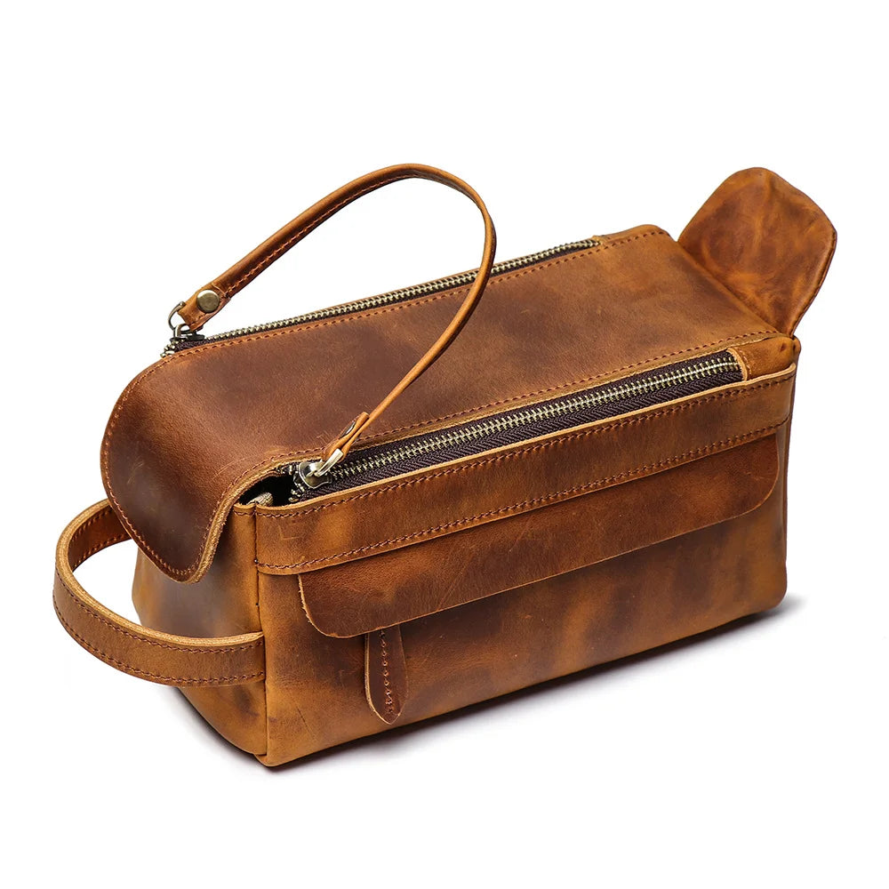 LUOKIR Vintage Multi-functional Genuine Leather Handbag Men's Makeup Bag Large Capacity Crazy Horse Leather Toiletry Organizer