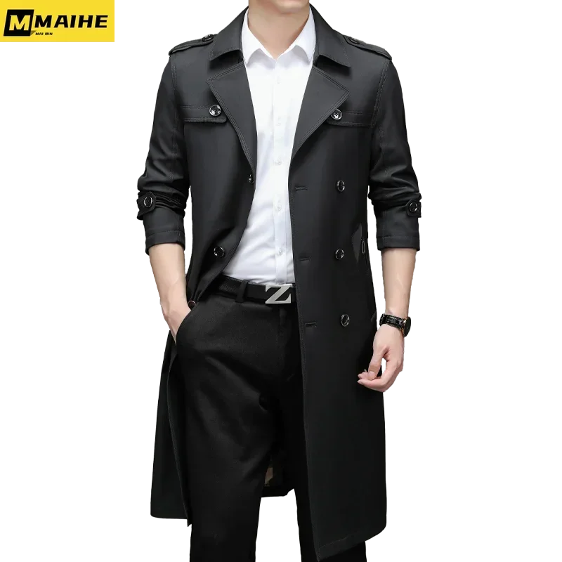 Luxurious Super Long Windbreaker Double-breasted Trench Coat Men’s Cotton Polyester Classic British Fashion Coat Brand Clothing