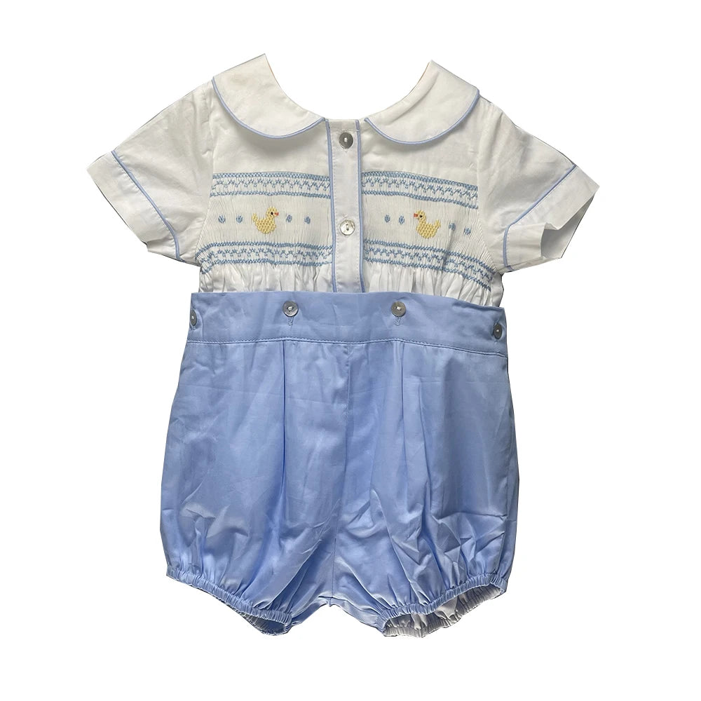 Children Boutique Clothing Summer BABI Boy Girl Handmade Smocked Cute Duck Embroidered Bubble Cotton Short Sleeves Christening
