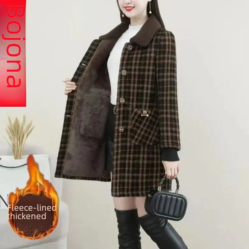 Elegant Fashionable Stylish High-end Medium-length Jacket Integrated Fleece Thickened Overcoat Women's Square Collar Wool Blends