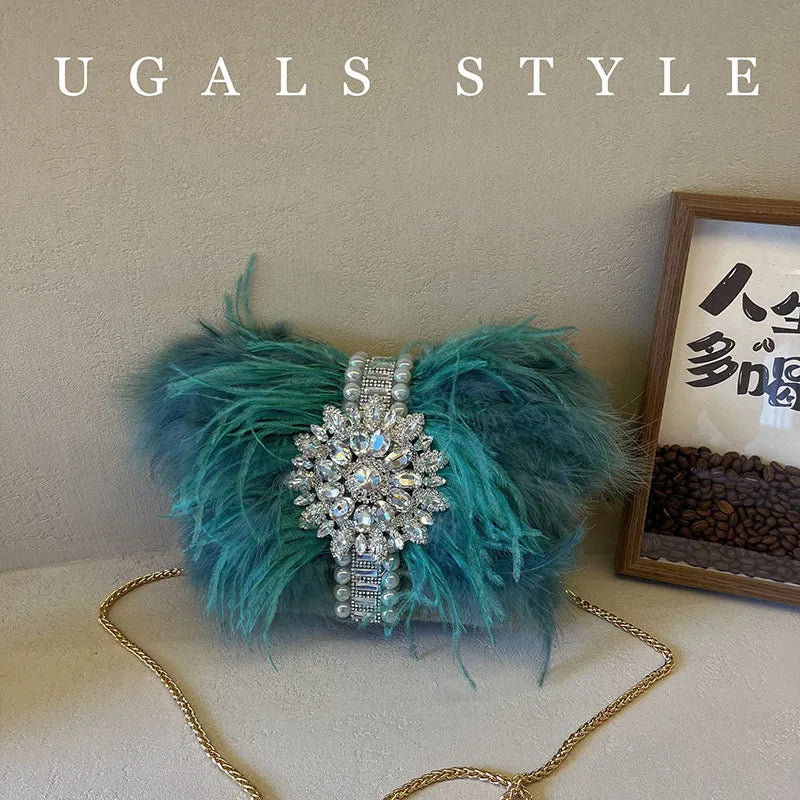 Luxury Ostrich Feather Handbags Diamond Bag Pearl Evening Bags For Women Shoulder Crossbody Bag Party Purse Wedding Clutch