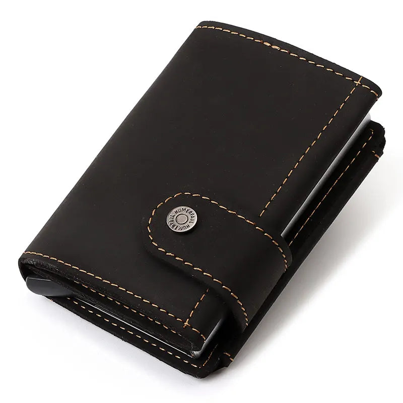 Cowhide Leather Pop-Up Credit Card Holder RFID Blocking Bank Card Case Minimalist Wallet for Men Money Clip with Coin Pocket