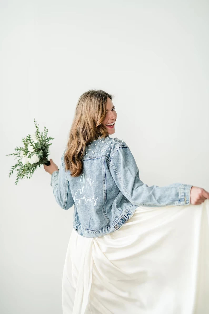 Personalized Mrs. Jacket Pearl Personalized Bride White Denim Jacket Mrs. Jackets Bachelorette Party Wedding Shower Custom Coats