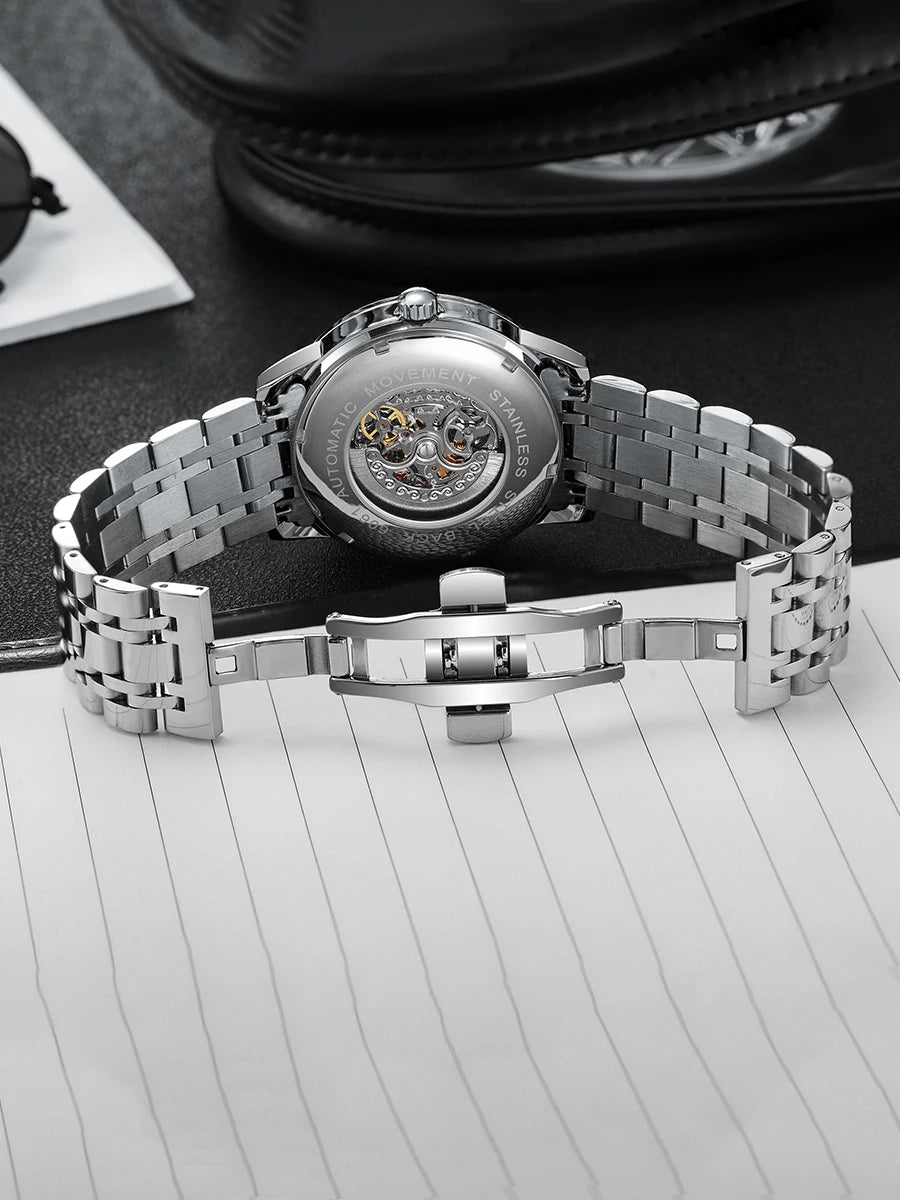 DULUNWE Men's Automatic Watch Luxury Rotating Roulette Mechanical Skeleton 30M Waterproof