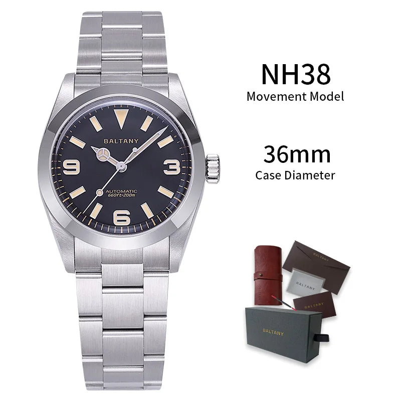 Baltany Vintage Explorer Homage Watches S4056 Sunburst 36mm Stainless Steel Bracelet 200M Luminous Men's Automatic Wristwatch