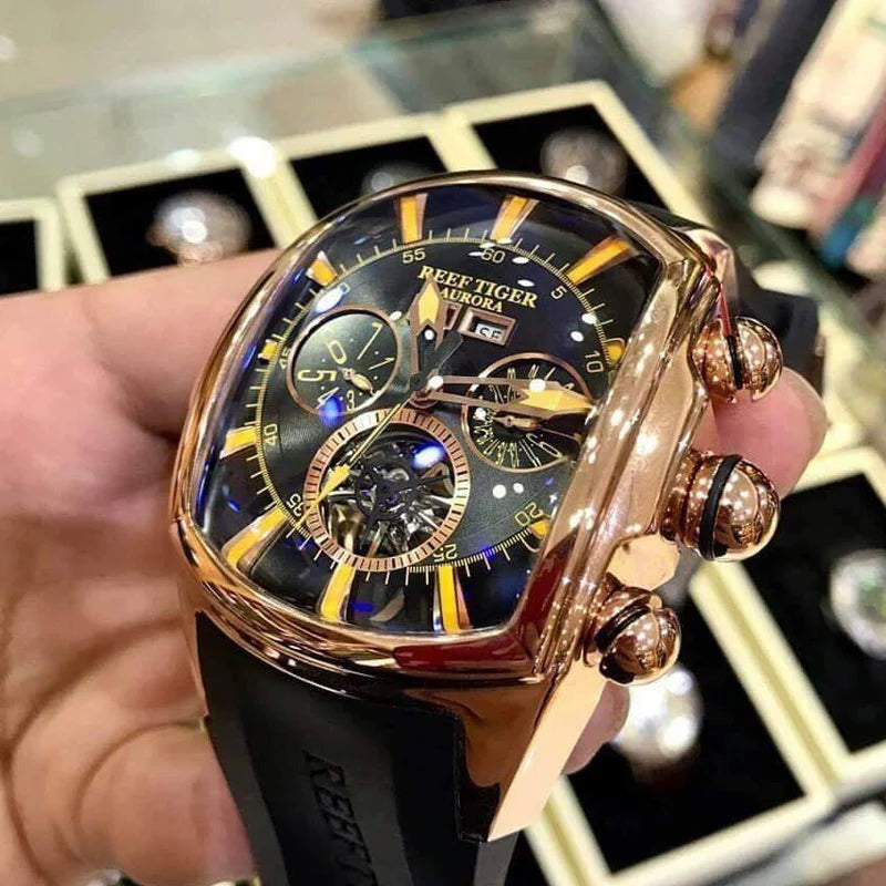 Reef Tiger/RT Designer Sport Watches with Tourbillon Stainless Steel Rubber Strap Blue Dial Automatic Watches RGA3069