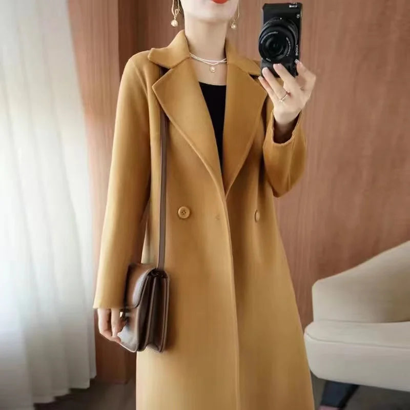 2024 Autumn 100% Double Sided Cashmere Coat Women's Winter New Slim Temperament Wool Coats Solid Casual Female Long Overcoat