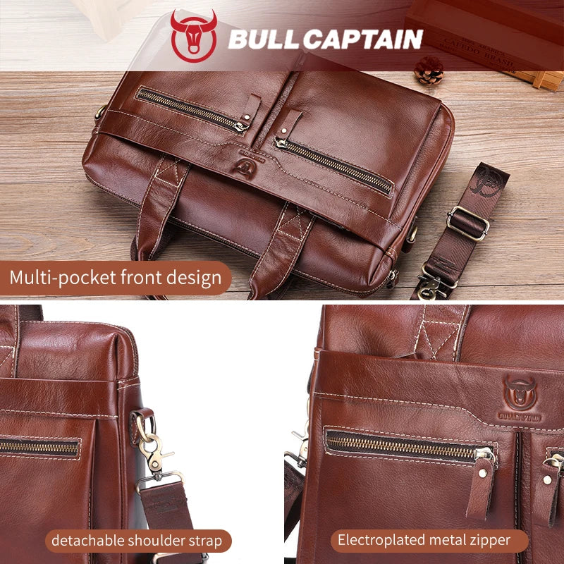 BULLCAPATIAN Men's Briefcase Genuine Leather Business Tote Bag Top Layer Cowhide Vintage Briefcase Messenger Bag Computer Bag