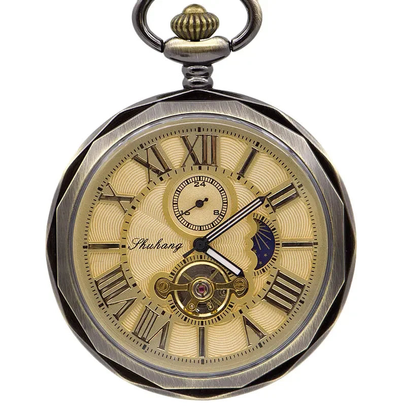 Luxury High Quality Golden Moon Phase Mechanical Pocket Watch Roman Number Tourbillon Dial Pendant Chain Men Women PJX1398