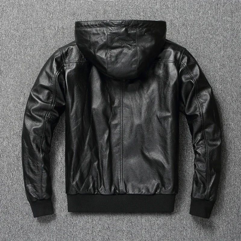 Men Leather Jacket with Hood Genuine Cowhide Slim Fit Male Skin Coat Spring Autumn Clothing Chamarras De Cuero Para Hombre