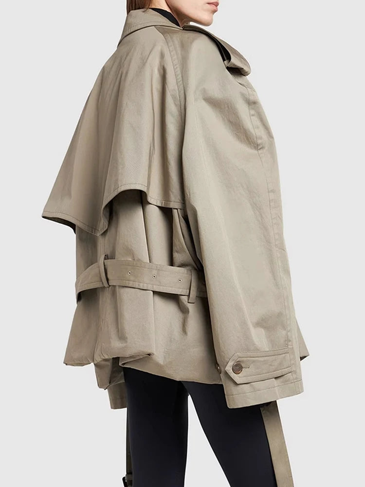 DEAT Fashion Women Cotton Trench Coat Lapel Raglan Sleeve Double Breasted Solid Color Short Windbreaker Autumn 2025 New 7AB1302