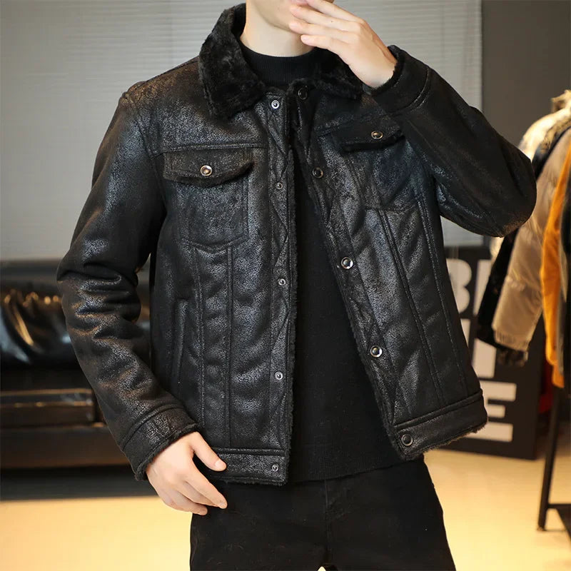 Men Leather Flights Jacket High Quality Leather Jackets Business New Slim Fur Leather Bomber Fashion Jacket Black Pilot Coats