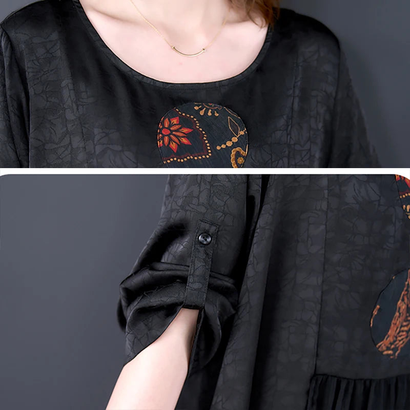 Women Black Print Natural Silk Maxi Dress Spring Summer Elegant Loose Waist Dress 2024 Korean Vintage Hepburn Evening Dresses