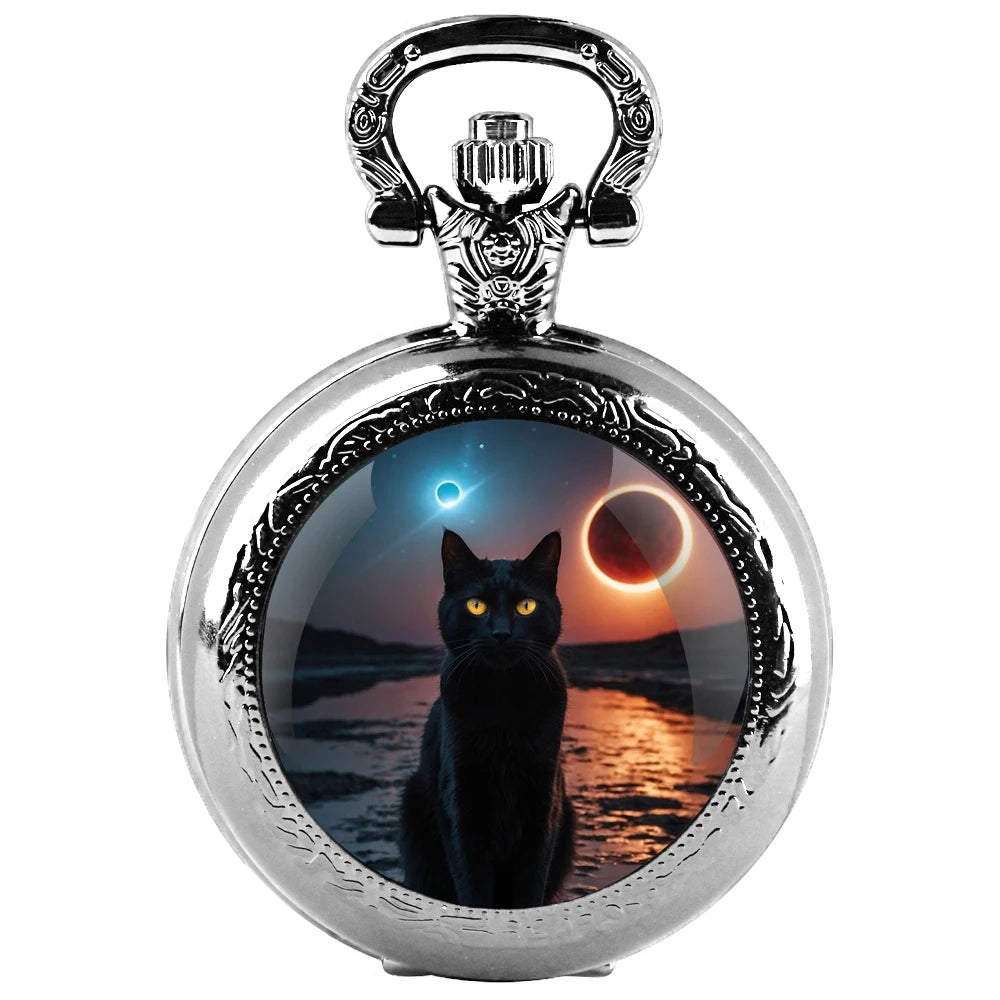 Halloween Black Cat Design Glass Dome Fashion Arabic Numerals Quartz Pocket Watch Necklace Pendant Chain Mens Women Gifts