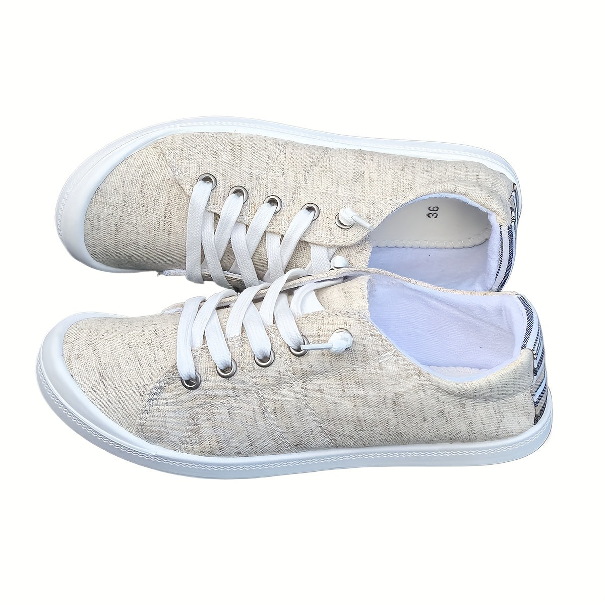 Women's New Flax Material Flat Casual Canvas Shoes, Cream-colored Comfortable Shallow-mouth Laces Low-top Soft-soled Light Breathable Large Women's Shoes
