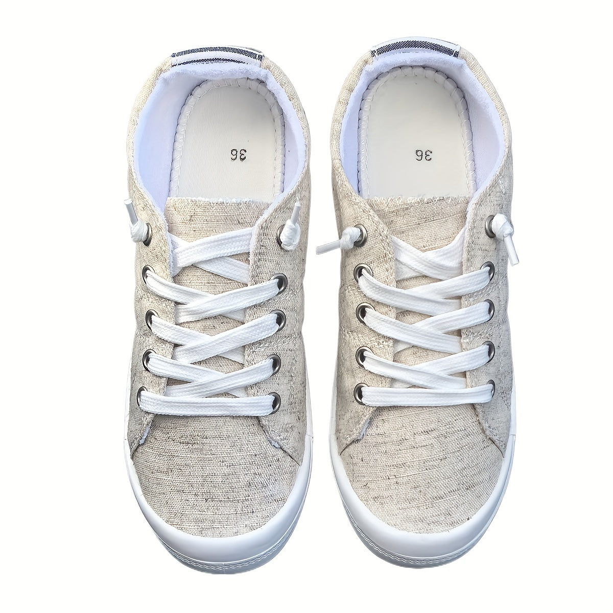 Women's New Flax Material Flat Casual Canvas Shoes, Cream-colored Comfortable Shallow-mouth Laces Low-top Soft-soled Light Breathable Large Women's Shoes