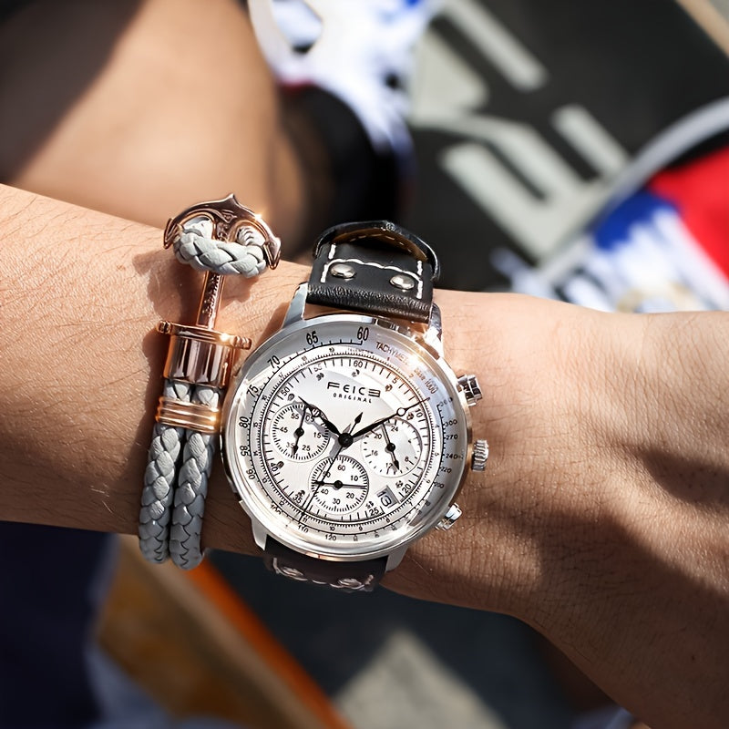 FEICE Brand Aviator Series Hyperbolic Mirror Multifunctional Retro Trend College Style Men's Watches Cowhide Strap Quartz Men's Watches Waterproof Gift For Boyfriend Calendar Running Seconds Chronograph 24 Hours Indication