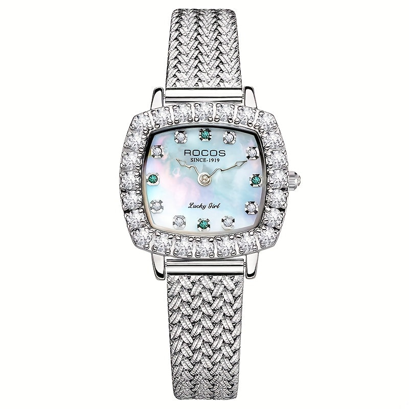 ROCOS Heartwarming Signal Series Fashion Luxury Women'S Watches Square Simple Wristwatch Elegant Rhinestones Watches For Women Quartz Watches Love Heart Hands Dazzling Colour Dial Silvery Steel Strap Gifts For Women R0264