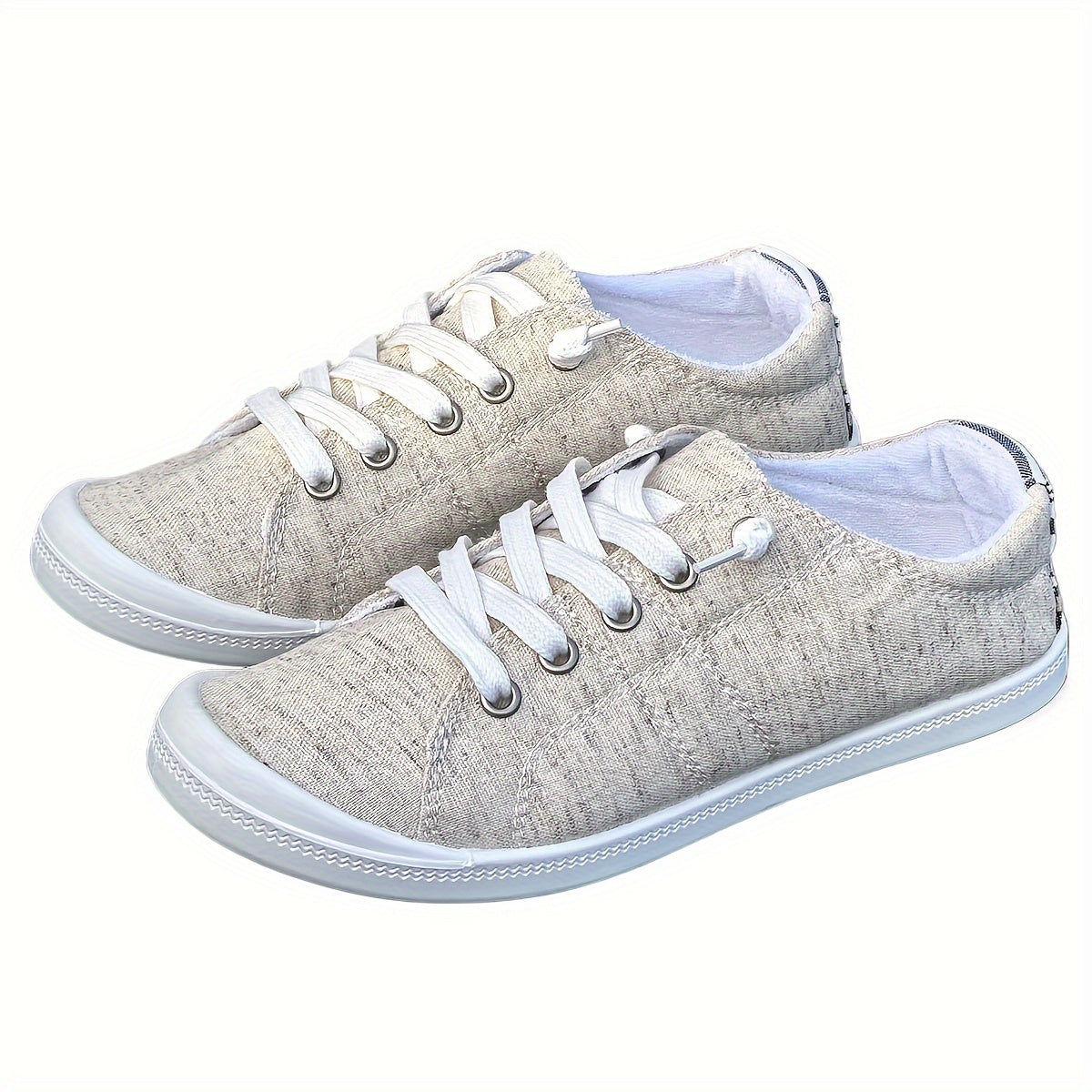 Women's New Flax Material Flat Casual Canvas Shoes, Cream-colored Comfortable Shallow-mouth Laces Low-top Soft-soled Light Breathable Large Women's Shoes