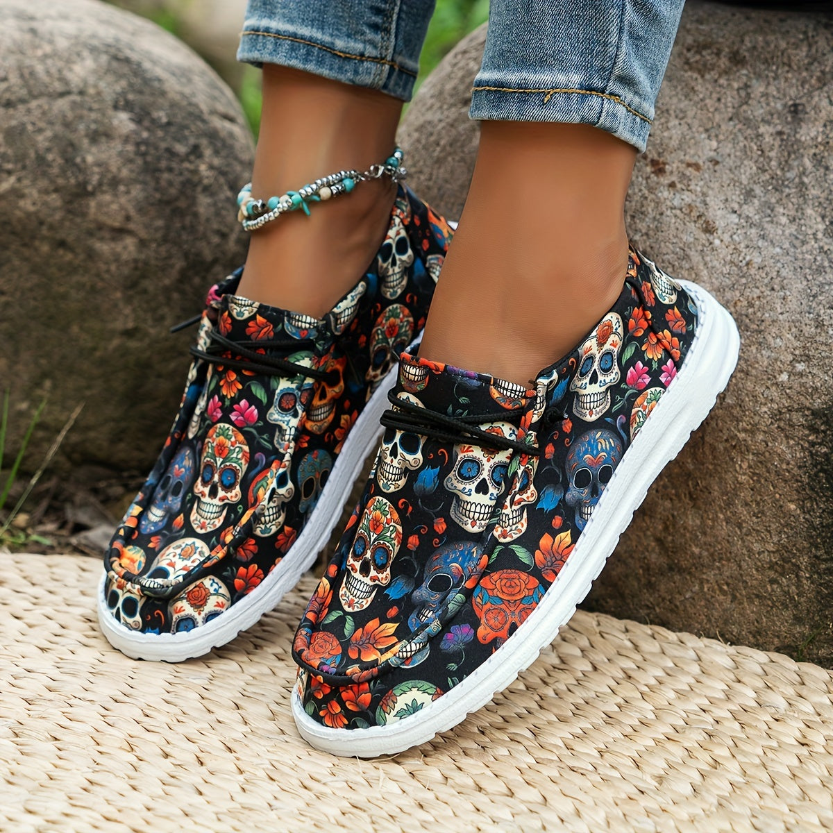 Women's Shoes Holiday Loafers, Breathable Non-slip Canvas Shoes, Skull Pattern Casual Halloween Elastic Strap Easy To Wear Flat