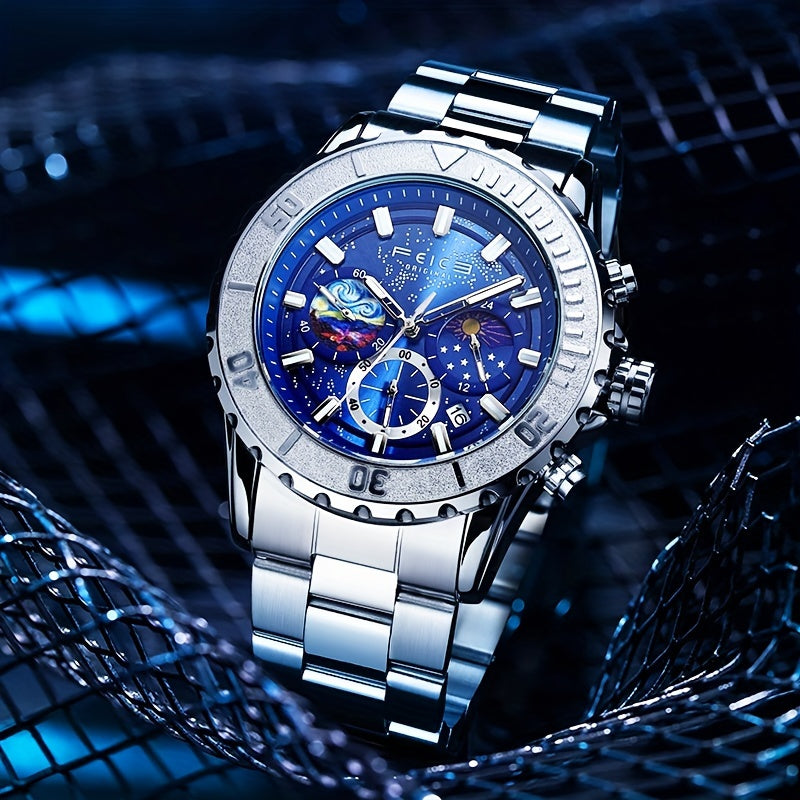 FEICE Brand Sun, Moon And Stars Strong Luminescence Multi-function Three-eye Chronograph Men'S Watches Sports Trend Star Quartz Watch Steel Belt Men'S Watches Gifts For Boyfriends