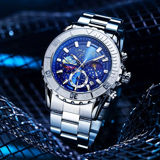 FEICE Brand Sun, Moon And Stars Strong Luminescence Multi-function Three-eye Chronograph Men'S Watches Sports Trend Star Quartz Watch Steel Belt Men'S Watches Gifts For Boyfriends