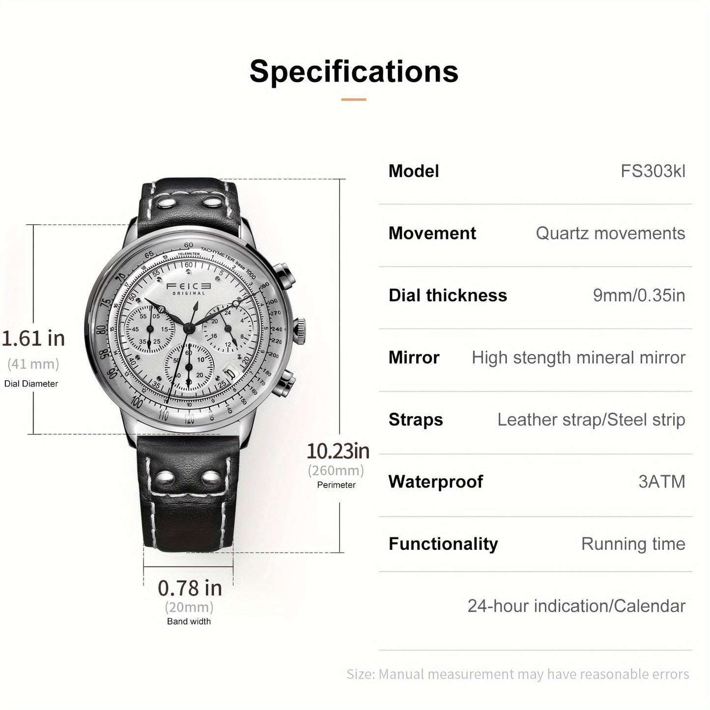 FEICE Brand Aviator Series Hyperbolic Mirror Multifunctional Retro Trend College Style Men's Watches Cowhide Strap Quartz Men's Watches Waterproof Gift For Boyfriend Calendar Running Seconds Chronograph 24 Hours Indication