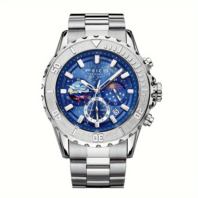 FEICE Brand Sun, Moon And Stars Strong Luminescence Multi-function Three-eye Chronograph Men'S Watches Sports Trend Star Quartz Watch Steel Belt Men'S Watches Gifts For Boyfriends