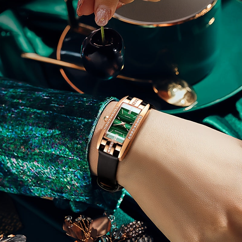 ROCOS Brand Retro Fashion Square Small Green Watch Niche Minimalist Women'S Watches Small Square Watch Zirconium Diamonds Inlaid Quartz Watch Women'S Watches Green Dial Cowhide Strap Holiday Gifts Gifts For Women