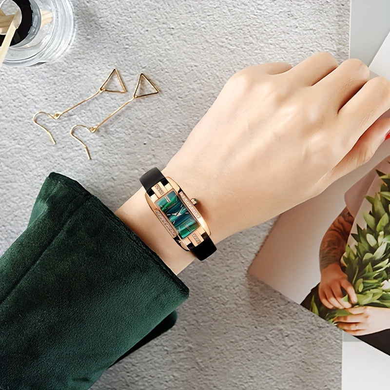 ROCOS Brand Retro Fashion Square Small Green Watch Niche Minimalist Women'S Watches Small Square Watch Zirconium Diamonds Inlaid Quartz Watch Women'S Watches Green Dial Cowhide Strap Holiday Gifts Gifts For Women