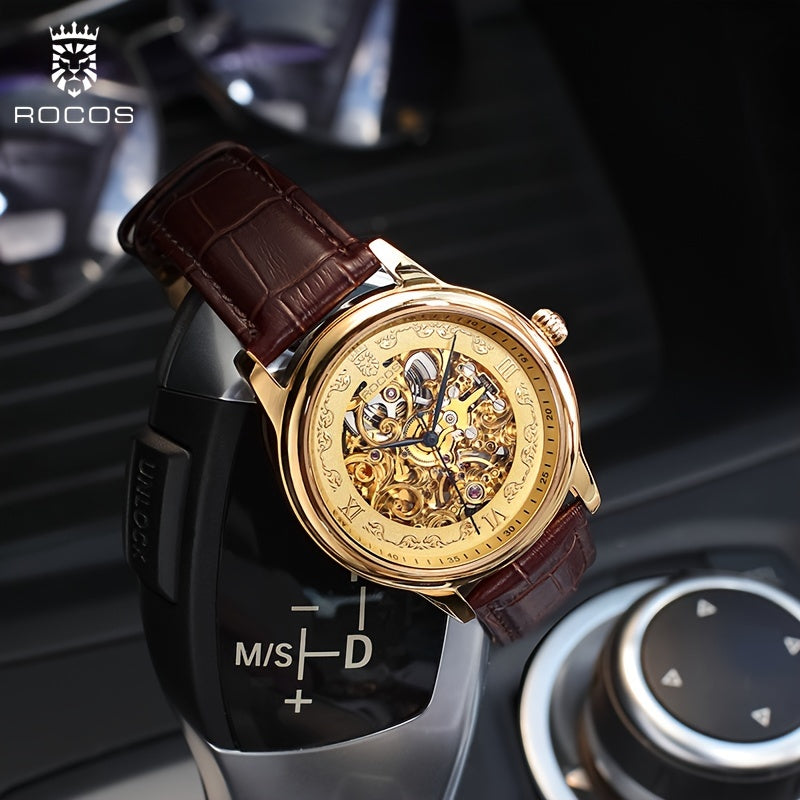 ROCOS Brand Skeleton Carving Series Double Skeletonized Business Vintage Casual Men's Watches Automatic Mechanical Watches Waterproof Men's Watches Calfskin Strap Men's Gifts