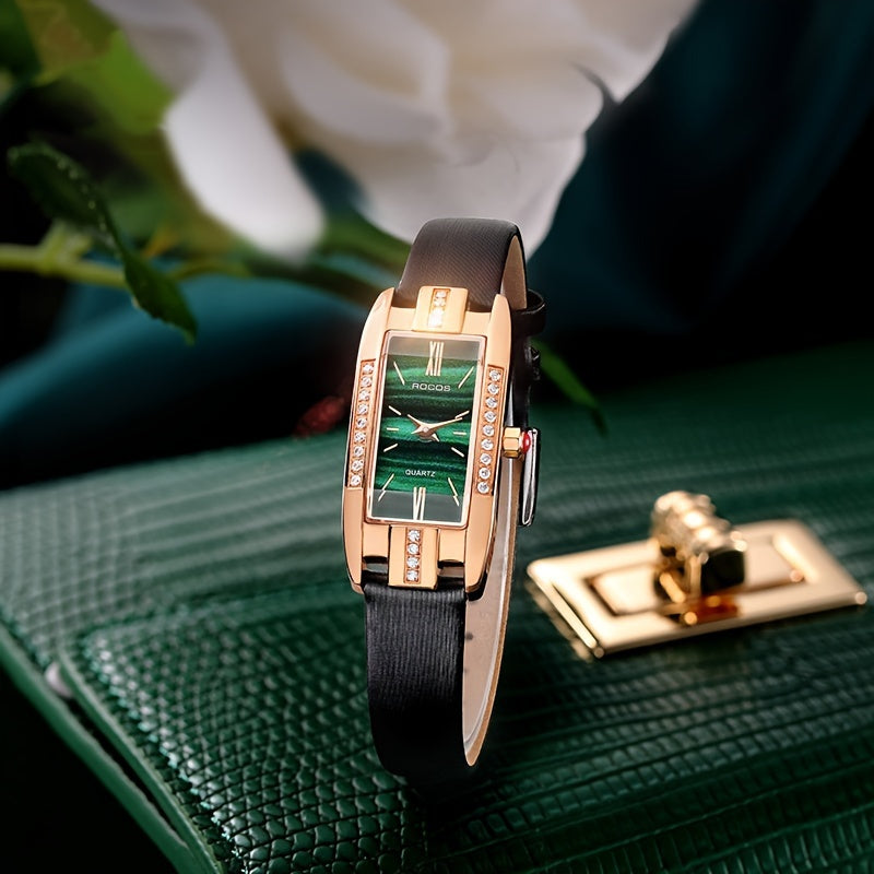 ROCOS Brand Retro Fashion Square Small Green Watch Niche Minimalist Women'S Watches Small Square Watch Zirconium Diamonds Inlaid Quartz Watch Women'S Watches Green Dial Cowhide Strap Holiday Gifts Gifts For Women