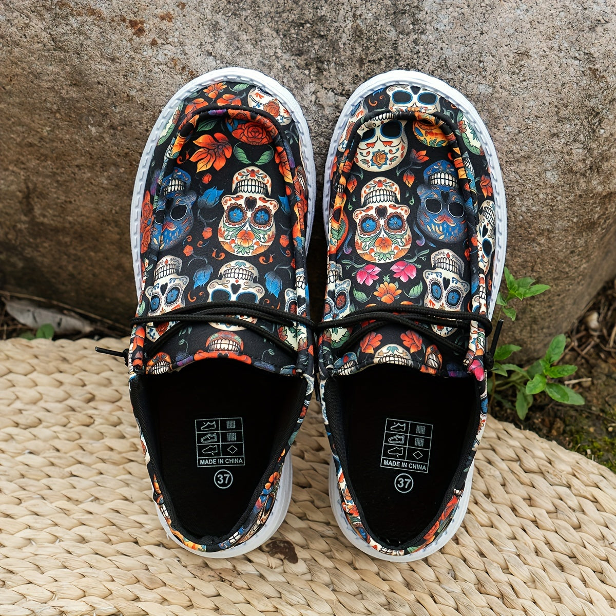 Women's Shoes Holiday Loafers, Breathable Non-slip Canvas Shoes, Skull Pattern Casual Halloween Elastic Strap Easy To Wear Flat