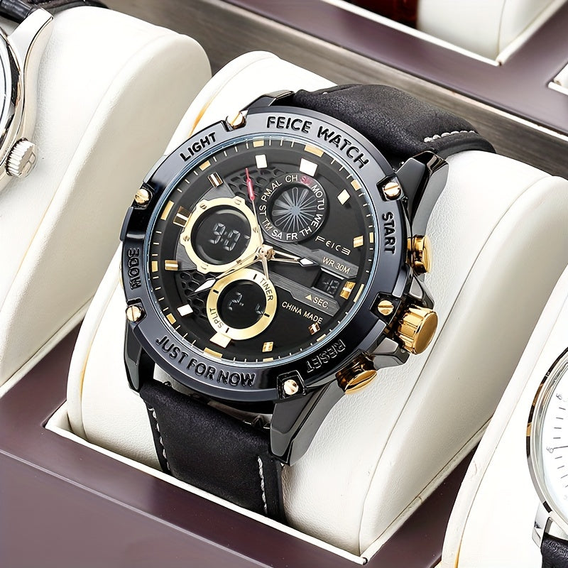 FEICE Brand Braveheart Series Dual Display Dual Movement Multifunction Men's Watches Industrial Style Retro Punk Men's Watches Waterproof Luminous Watches Black Belt Japanese Quartz Movement Chronographs Stopwatches Calendars