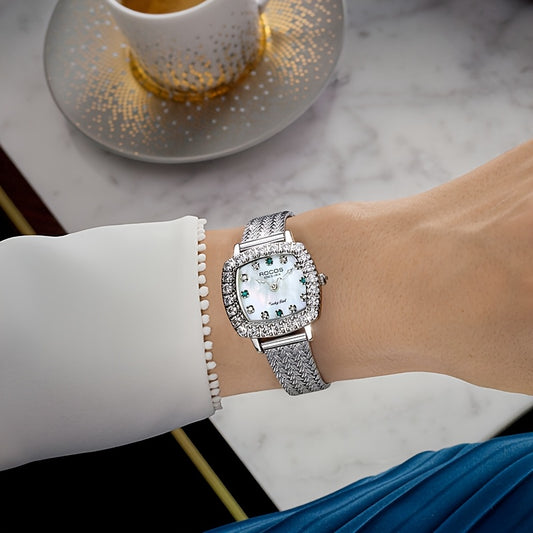 ROCOS Heartwarming Signal Series Fashion Luxury Women'S Watches Square Simple Wristwatch Elegant Rhinestones Watches For Women Quartz Watches Love Heart Hands Dazzling Colour Dial Silvery Steel Strap Gifts For Women R0264