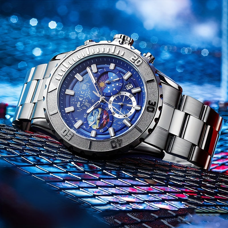 FEICE Brand Sun, Moon And Stars Strong Luminescence Multi-function Three-eye Chronograph Men'S Watches Sports Trend Star Quartz Watch Steel Belt Men'S Watches Gifts For Boyfriends