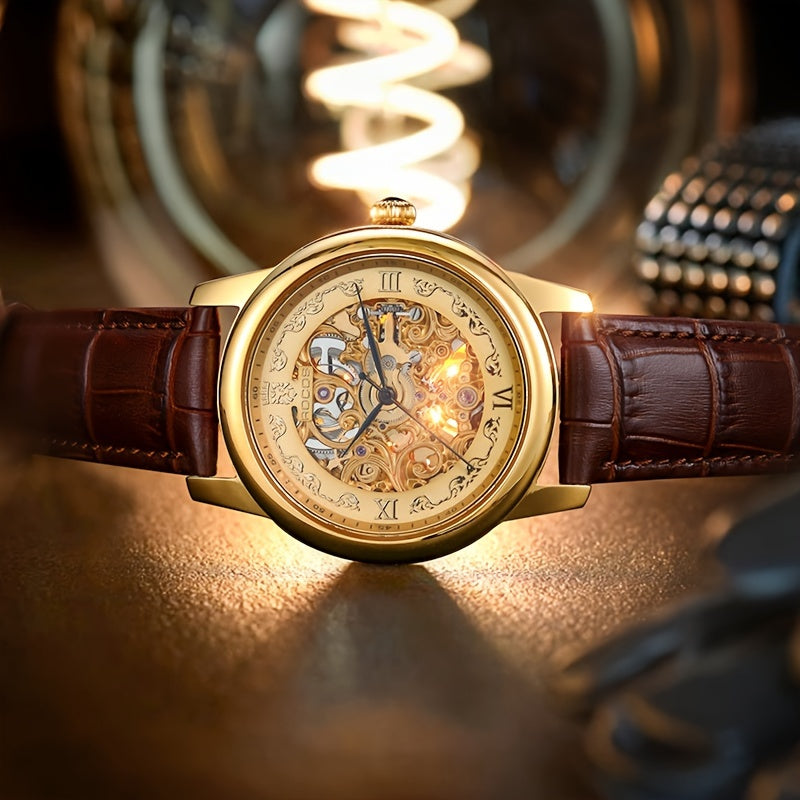 ROCOS Brand Skeleton Carving Series Double Skeletonized Business Vintage Casual Men's Watches Automatic Mechanical Watches Waterproof Men's Watches Calfskin Strap Men's Gifts