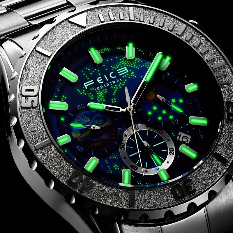 FEICE Brand Sun, Moon And Stars Strong Luminescence Multi-function Three-eye Chronograph Men'S Watches Sports Trend Star Quartz Watch Steel Belt Men'S Watches Gifts For Boyfriends