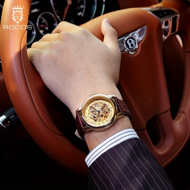 ROCOS Brand Skeleton Carving Series Double Skeletonized Business Vintage Casual Men's Watches Automatic Mechanical Watches Waterproof Men's Watches Calfskin Strap Men's Gifts