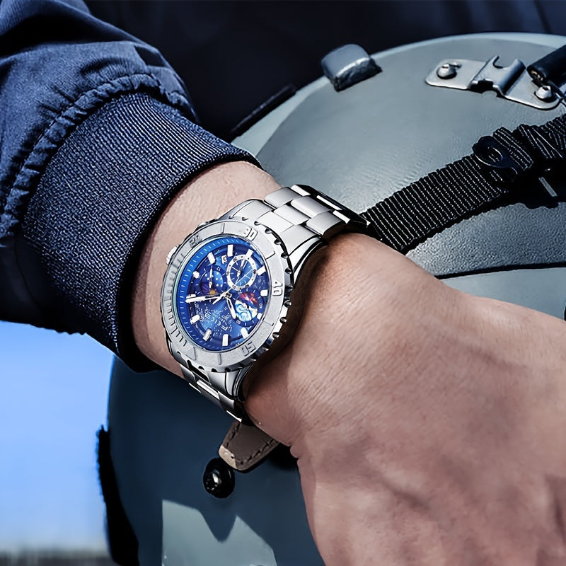 FEICE Brand Sun, Moon And Stars Strong Luminescence Multi-function Three-eye Chronograph Men'S Watches Sports Trend Star Quartz Watch Steel Belt Men'S Watches Gifts For Boyfriends