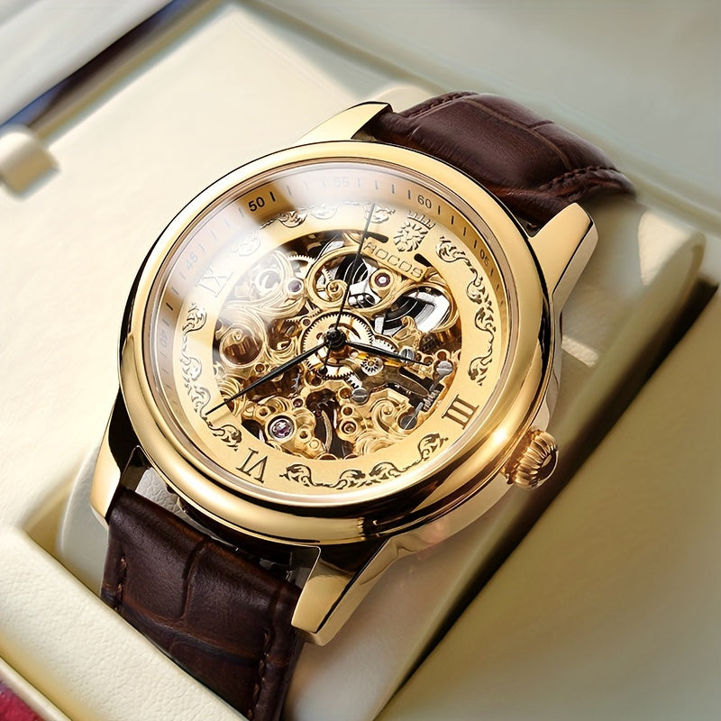 ROCOS Brand Skeleton Carving Series Double Skeletonized Business Vintage Casual Men's Watches Automatic Mechanical Watches Waterproof Men's Watches Calfskin Strap Men's Gifts