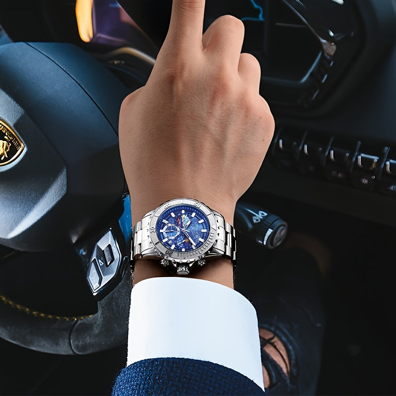 FEICE Brand Sun, Moon And Stars Strong Luminescence Multi-function Three-eye Chronograph Men'S Watches Sports Trend Star Quartz Watch Steel Belt Men'S Watches Gifts For Boyfriends